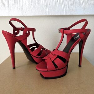 Yves Saint Laurent YSL Red Leather Strappy Ankle Strap High Heels EU38 / US8